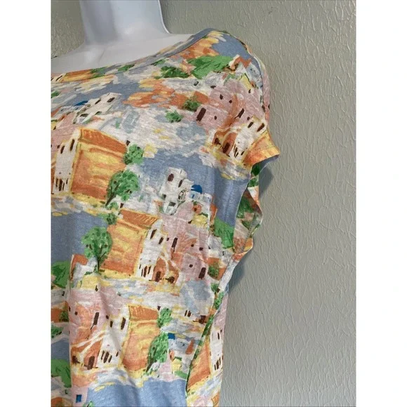 CYNTHIA ROWLEY Greek Island Paining Print 100% Linen Slub Knit Top T-shirt sz S - Picture 3 of 5